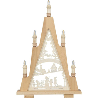 5- flammige LED Lichterspitze aus Holz mit winterlichem Motiv in der Mitte.