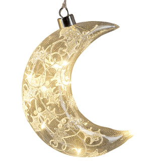 Hochwertige LED Glasdekoration mit Dekor in Kristall/Frost Optik. Die Höhe des Glasmonds beträgt 16 cm. Der Mond aus Glas&nbsp;wird mit einer LED beleuchtet und die Stromversorgung funktioniert über ein im Aufhänger verstecktes Batteriefach. Zusätzlich hat die Glasdekoration eine Timer Funktion._1