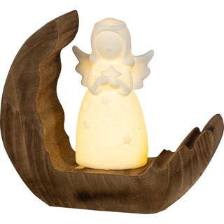 LED-beleuchteter Porzellanengel mit ausgebreiteten Flügeln, steht auf einem Holzsockel in Form eines Halbmondes, hält einen Stern in den Händen, 15 cm hoch.