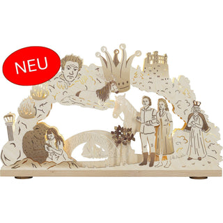 Aus unserer neuen Kollektion. Der 10-flammige-Schwibbogen aus Holz bringt das Märchen vom singenden, klingenden Bäumchen detailgetreu wieder. Kleine Filmausschnitte sind hier aufgeführt. Der Bogen ist ein wunderschöner Blickfang zur Aufhellung in der kalten Winterzeit. Bild 1.