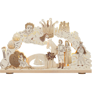 Der 10-flammige-Schwibbogen aus Holz bringt das Märchen vom singenden, klingenden Bäumchen detailgetreu wieder. Kleine Filmausschnitte sind hier aufgeführt. Der Bogen ist ein wunderschöner Blickfang zur Aufhellung in der kalten Winterzeit. Bild 2.