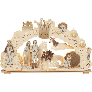 Der 15-flammige-Schwibbogen aus Holz bringt das Märchen vom singenden, klingenden Bäumchen detailgetreu wieder. Kleine Filmausschnitte sind hier aufgeführt. Der Bogen ist ein wunderschöner Blickfang zur Aufhellung in der kalten Winterzeit.