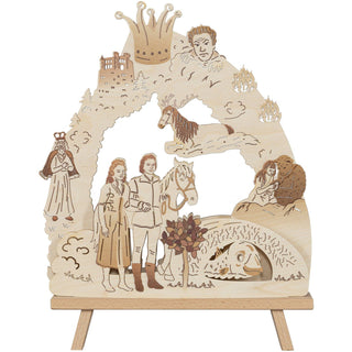 Die kleine hölzerne elektronische Stand-Leuchte bringt das Märchen vom singenden, klingenden Bäumchen detailgetreu wieder. Kleine Filmausschnitte sind bildlich festgehalten. Hier ist die Lampe inaktiv abgebildet. Bild 3.