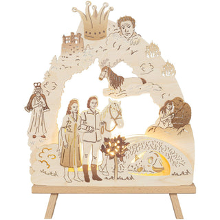 Die kleine hölzerne elektronische Stand-Leuchte bringt das Märchen vom singenden, klingenden Bäumchen detailgetreu wieder. Kleine Filmausschnitte sind bildlich festgehalten. Alle Darsteller sind zu sehen - König, Zwerg, Prinz und Prinzessin. Auch das Zauberbäumchen steht natürlich im Mittelpunkt. Bild 2.