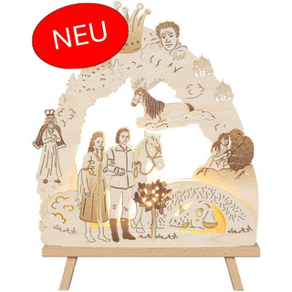 Aus unserer neuen Kollektion. Die kleine hölzerne elektronische Stand-Leuchte bringt das Märchen vom singenden, klingenden Bäumchen detailgetreu wieder. Kleine Filmausschnitte sind bildlich festgehalten. Alle Darsteller sind zu sehen - König, Zwerg, Prinz und Prinzessin. Auch das Zauberbäumchen steht natürlich im Mittelpunkt. Bild 1.