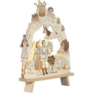 Die kleine hölzerne elektronische Stand-Leuchte bringt das Märchen vom singenden, klingenden Bäumchen detailgetreu wieder. Kleine Filmausschnitte sind bildlich festgehalten. Hier ist die Stand-Lampe seitlich unter Beleuchtung abgebildet. Bild 5.