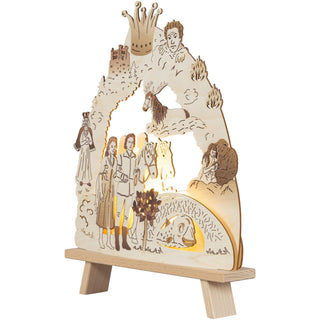 Die kleine hölzerne elektronische Stand-Leuchte bringt das Märchen vom singenden, klingenden Bäumchen detailgetreu wieder. Kleine Filmausschnitte sind bildlich festgehalten. Hier ist die Stand-Lampe seitlich unter Beleuchtung abgebildet. Bild 4.