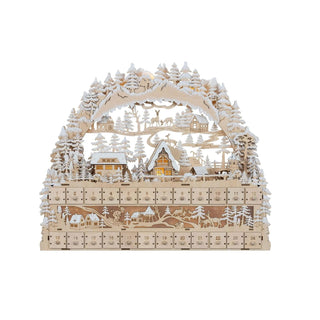 Großer LED-Lichterbogen mit Adventskalender, winterlicher Dorfszene, 24 Schubladen, LED-Beleuchtung, für Batterie- und Netzbetrieb mit Timerfunktion.