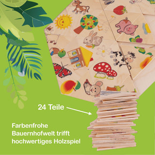 Holzpuzzle mit 24 Teilen, das eine farbenfrohe Bauernhofwelt zeigt. Abgebildet sind Tiere, Pflanzen und Gebäude in bunten Illustrationen. Links im Bild sind grüne Blätter zu sehen. Unten steht der Text: „24 Teile – Farbenfrohe Bauernhofwelt trifft hochwertiges Holzspiel“.