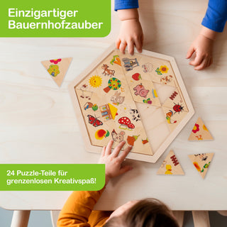 Sechseckiges Holzpuzzle mit 24 Teilen und bunten Bauernhofmotiven liegt auf einem hellen Holztisch. Zwei Kinderhände setzen das Puzzle zusammen. Zu sehen sind Tiere und Gegenstände wie Kühe, Schweine, Schafe, Hühner, Traktoren und Sonnenblumen. Einige Puzzleteile liegen noch außerhalb des Rahmens. Im Bild steht der Text: „Einzigartiger Bauernhofzauber“ und „24 Puzzle-Teile für grenzenlosen Kreativspaß!“.