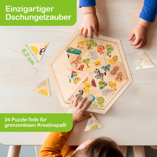  Ein sechseckiges Puzzle mit bunten Dschungeltieren wie Löwe, Zebra, Affe und Schlange liegt auf einem Tisch. Zwei Kinderhände setzen die Teile zusammen. Links oben steht „Einzigartiger Dschungelzauber“, unten links „24 Puzzle-Teile für grenzenlosen Kreativspaß!“. Ein Puzzleteil ist mit „6,2 cm“ markiert.