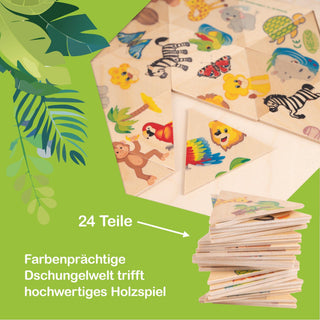 Ein buntes Holzpuzzle mit 24 dreieckigen Teilen zeigt Dschungeltiere wie Zebra, Löwe, Affe und Papagei auf grünem Hintergrund. Links unten steht: „24 Teile – Farbenprächtige Dschungelwelt trifft hochwertiges Holzspiel“.