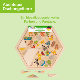 Ein farbenfrohes Mosaiklegespiel mit dem Titel „Abenteuer Dschungeltiere“ von HESS. Das Puzzle zeigt fantasievoll gestaltete Dschungeltiere und trägt die Aufschrift „Ein Mosaiklegespiel voller Farben und Fantasie“ sowie „HESS Legespiel Dschungeltiere“.