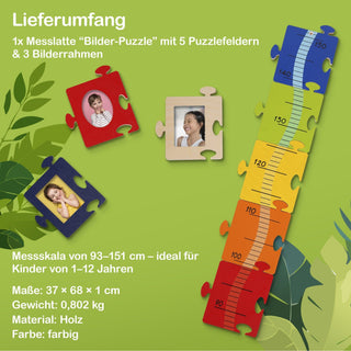 Farbig gestaltete Messlatte aus Holz mit fünf Puzzlefeldern und drei integrierten Bilderrahmen. Die Messskala reicht von 93 bis 151 cm und eignet sich für Kinder im Alter von 1 bis 12 Jahren. Maße: 37 × 68 × 1 cm, Gewicht: 0,802 kg.