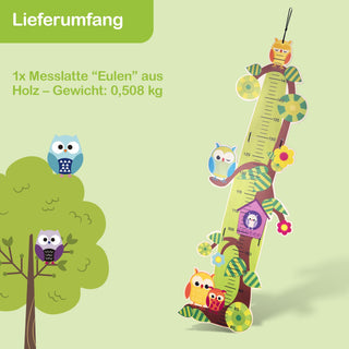 Messlatte „Eulen“ aus Holz mit einem Gewicht von 0,508 kg. Die Messlatte ist kindgerecht gestaltet und zeigt Eulenmotive. Sie ist als dekoratives Element für Kinderzimmer gedacht.