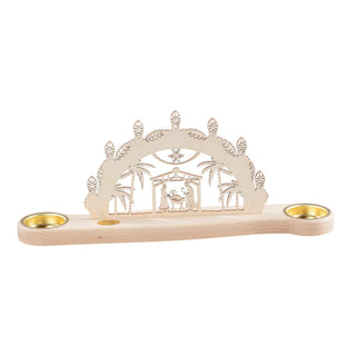 Mini-Kerzenhalter 'Schwibbogen Christi Geburt' mit zwei Teelichthaltern, zeigt Szene der Geburt Christi mit Maria, Josef und Jesuskind unter einem Bogen aus hellem Holz.