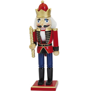 Nussknacker König in rot-blauer Robe mit goldenen Verzierungen mit Zepter und und gold-roter Krone