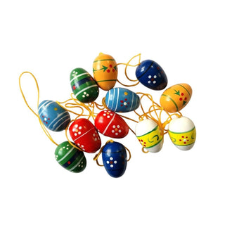12 bunte Ostereier aus Holz mit verschiedenen Mustern