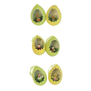 6er Set Ostereier zum Hängen in Gelb- und Grüntönen. In den Eiewrschalen sitzen jeweil 2 Osterhasen, zwei Marienkäfer und 2 Hühnchen in frühlingshaften Farben.