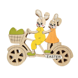Farbige Osterhasen auf einem Tandem mit Schriftzug Easter