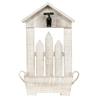 Das Pflanzgefäß aus Holz besteht aus einem Pflanztopf für mehrere Pflanzen, einer dekorativen Zaunreihe und einem kleinen Dekodach mit einem schwarzen Deko-Wasserhahn_1