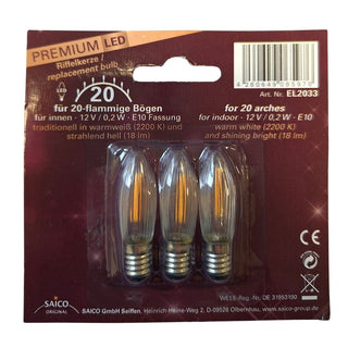 Dieses LED Ersatz-/ Riffelkerzen-Set besteht aus 3 Kerzen á 12V - 0,2W - E10. Ideal zur Ersatzteilgewinnung von betroffenen Schwibbögen für den Innenbereich.