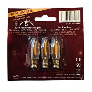 Dieses LED Ersatz-/ Riffelkerzen-Set besteht aus 3 Kerzen á 55V - 0,2W - E10. Ideal zur Ersatzteilgewinnung von betroffenen Schwibbögen für den Innenbereich.