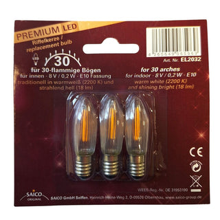 Dieses LED Ersatz-/ Riffelkerzen-Set besteht aus 3 Kerzen á 8V - 0,2W - E10. Ideal zur Ersatzteilgewinnung von betroffenen Schwibbögen für den Innenbereich.