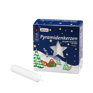 Weiße Pyramidenkerzen in dekorativer Box mit Sternenmotiv und Winterlandschaft – geeignet für Pyramiden, 18 Stück, Ø 1,7 cm, 10,5 cm hoch.