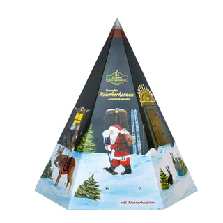 Adventskalender in Pyramidenform. 24 Räucherkerzen verschiedener Düfte und ein Metallräucherhaus verstecken sich hinter den Türchen.