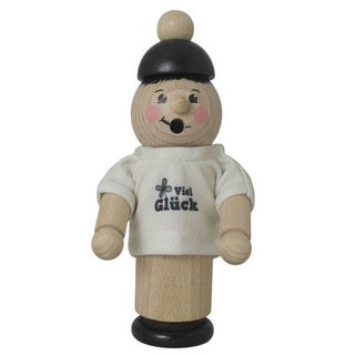 Räuchermännchen mit rundem Kopf, schwarzem Hut und weißem Hemd. Auf dem Hemd ist ein vierblättriges Kleeblatt und der Text "viel Glück" gedruckt.