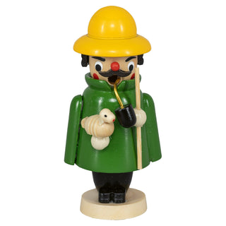 Räuchermännchen Mini "Schäfer", etwa 9 cm groß, mit typischen Merkmalen wie grünem Mantel, gelbem Hut, Pfeife und einem Schaf an der Seite sowie einem Schäferstock.