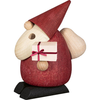  Räuchermännchen „Weihnachtsmann-Bescherung“ zeigt eine Holzfigur in Form eines Weihnachtsmanns mit rotem Mantel, roter Mütze und schwarzen Schuhen. Die Figur hält ein Geschenk in der Hand und hat einen runden Kopf mit großer Holznase.