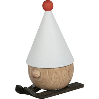 Räuchermännchen „Zwerg Ski – Günni“ zeigt eine handgefertigte Holzfigur mit rundem Körper, weißer spitzer Mütze mit roter Kugel und schwarzen Skiern. Die Figur stellt einen Zwerg in winterlicher Skiausrüstung dar.