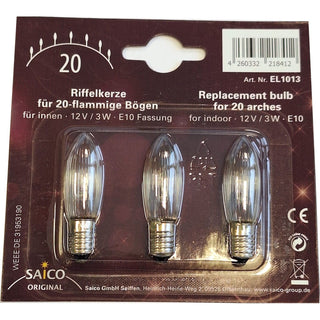 Dieses Riffelkerzenset besteht aus 3 Kerzen und ist für 20-flammige Bögen mit einer Fassung für E 10, 12 Volt und 3 Watt geeignet.