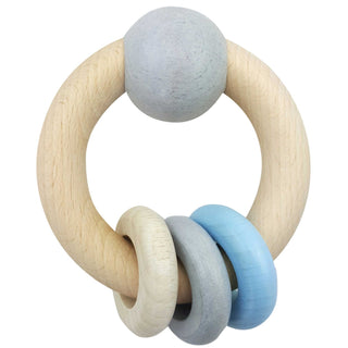 Rundrassel aus Holz mit 3 Ringen in blau, grau und naturfarben