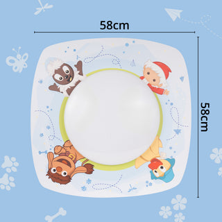 LED‑Deckenleuchte „Sandmann und seine Freunde“, farbig; flache Kinderzimmer‑Deckenleuchte mit rundem, integriertem LED‑Lichtfeld und umlaufenden Illustrationen des Sandmanns und seiner tierischen Freunde, dargestellt mit Maßangaben von 58 cm Breite und Höhe vor hellblauem Hintergrund.