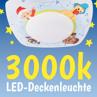 LED‑Deckenleuchte „Sandmann und seine Freunde“, farbig; flache Kinderzimmer‑Deckenleuchte mit rundem LED‑Lichtfeld und umlaufenden Illustrationen des Sandmanns und seiner tierischen Freunde. Werbegrafik mit hervorgehobener Angabe „3000K LED‑Deckenleuchte“ auf blauem Hintergrund mit Sternen.
