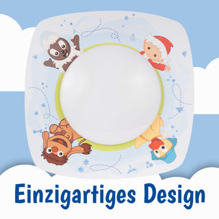 LED‑Deckenleuchte „Sandmann und seine Freunde“, farbig; flache Kinderzimmer‑Deckenleuchte mit rundem LED‑Lichtfeld und umlaufenden Illustrationen des Sandmanns und seiner tierischen Freunde. Werbemotiv mit dem Schriftzug „Einzigartiges Design“ vor hellblauem Himmel‑ und Wolkenhintergrund.