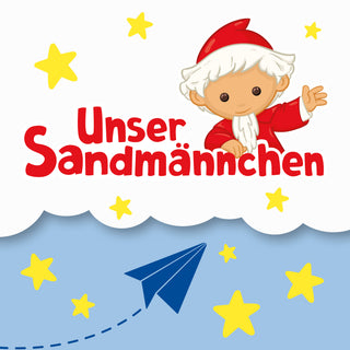Illustration für die Decken‑/Hängeleuchte „Sandmann und seine Freunde“, Ø 40 cm: Der Sandmann winkt neben dem Schriftzug „Unser Sandmännchen“, umgeben von Sternen, Wolken und einem Papierflugzeug vor hellblauem Himmel – Motivbestandteil des farbigen Lampenschirms.