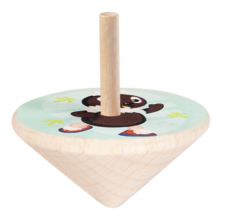 Holz-Kreisel mit Pittiplatsch-Motiv. Die beliebte Sandmann-Figur ist vor einem hellblauen Hintergrund mit kleinen Blumen dargestellt und ziert den kindgerechten Spielkreisel aus Holz.