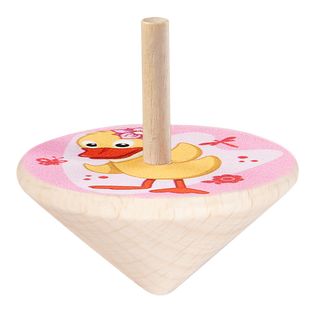 Holz-Kreisel mit Schnatterinchen-Motiv. Die beliebte gelbe Ente mit rosa Blume im Haar ist vor einem rosafarbenen Hintergrund mit Blumen und Schmetterlingen dargestellt. Ideal für Kinder und Fans der Sandmann-Figuren.