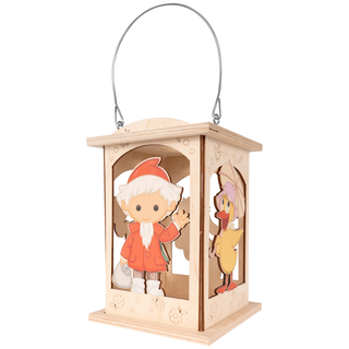 Bastelset Laterne „Sandmann und seine Freunde“ aus Holz zum Selbstgestalten. Die etwa 16 cm hohe Laterne zeigt liebevoll gestaltete Motive des Sandmanns und seiner Freunde und eignet sich ideal für kreative Bastelstunden mit Kindern sowie als stimmungsvolle Dekoration.