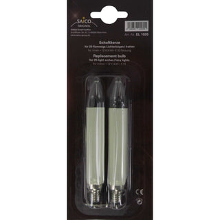 Mit Verpackung zu sehen, ist das Set von 2 Schaftkerzen für 20-flammige Schwibbögen zu 12 Volt, 3 Watt und für die Fassung E10 geeignet. Bild 2.