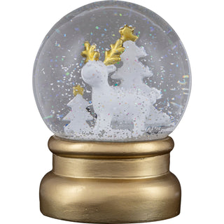 Schneekugel mit weißem Elch mit goldenen Geweihen, zwei weißen Bäumen mit goldenen Sternen und goldfarbener Basis, 12 cm hoch – glitzernde Weihnachtsdekoration.