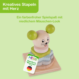 Ein farbenfrohes Holzspielzeug im Mäuschen-Look. Das Spielzeug zeigt eine Maus mit bunten, stapelbaren Elementen und einem freundlich gestalteten Gesicht.