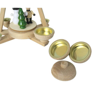 Teelichtadapter, Kerzenhalter aus Holz mit metallischer Innenfläche zum Umbau von Pyramidenkerzen auf Teelichte – natürliche Holzoptik.