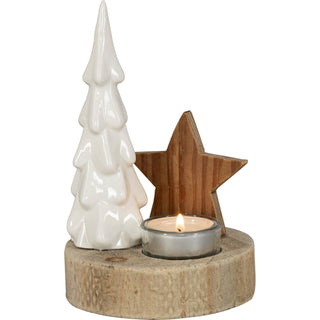 Teelichthalter mit weißem Keramikbaum und Holzstern auf rundem Holzsockel, 18 cm hoch, mit Teelicht im Glashalter – schlichte und stimmungsvolle Winterdekoration.