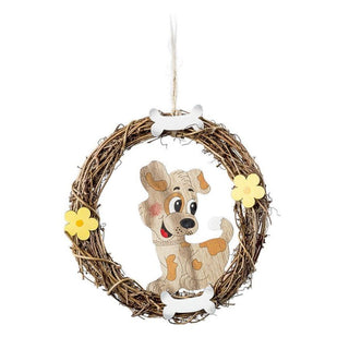 Naturfarbener Türkranz aus Holz mit gelben Blüten und einem süßen kleinen Hund in der Mitte