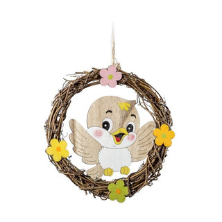 Naturfarbener Türkranz mit bunten Blüten ind einem kleinen, fröhlichen Vogel in der Mitte